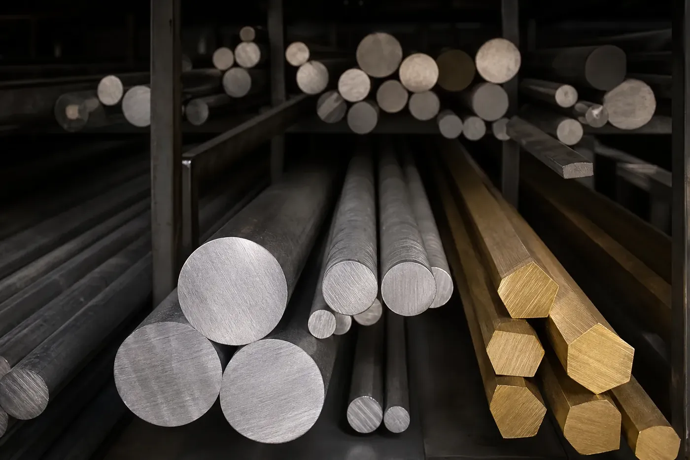 Barres de matière brute en rack, ronds d'acier et d'inox et barres hexagonales de laiton tronçonnées