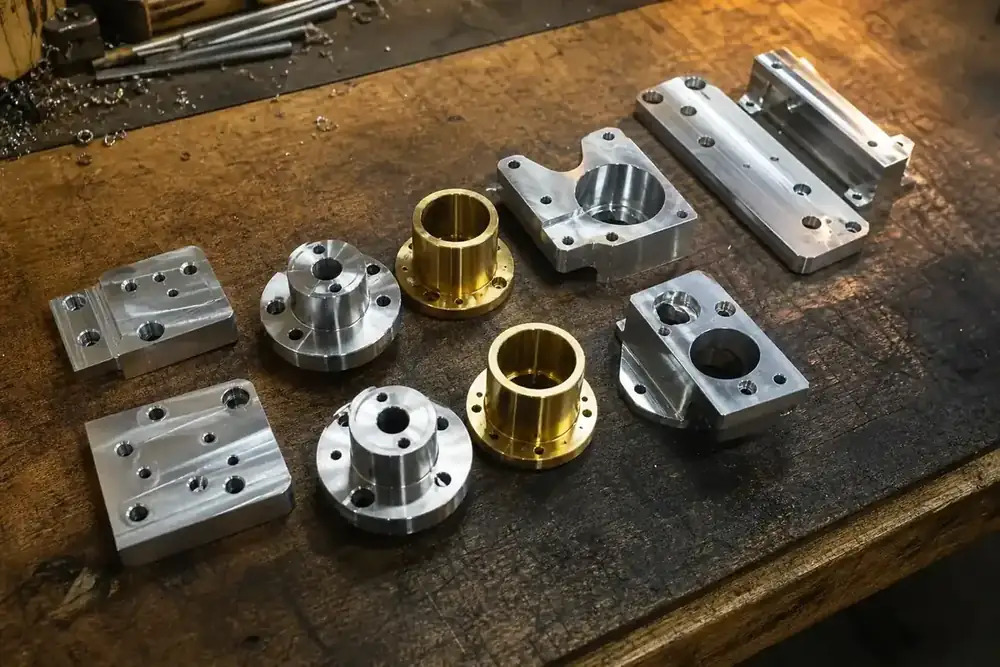 Pièces mécaniques usinées alignées sur un établi, plaques percées, moyeux tournés et supports fraisés