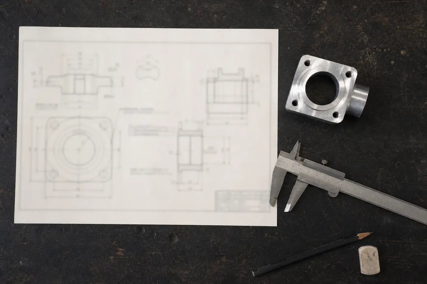 Plan technique posé à plat sur un établi, à côté d'une pièce usinée en aluminium et d'un pied à coulisse