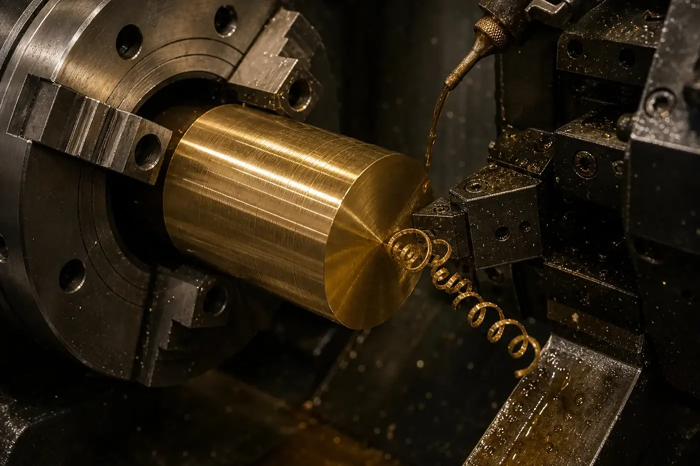 Pièce cylindrique en laiton serrée dans un mandrin de tour, copeau continu se détachant de l'outil